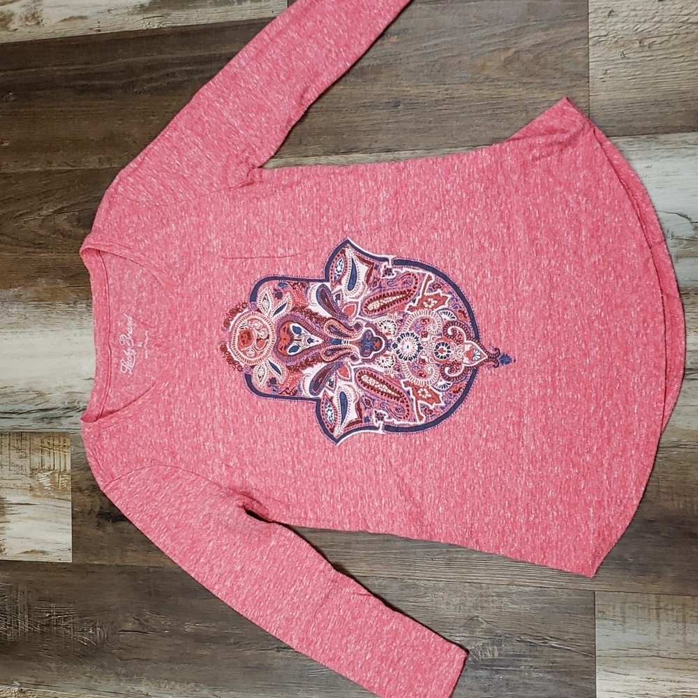 Lucky Brand Coral Colored Quarter Sleeve Buddah Hand Shirt Size XS